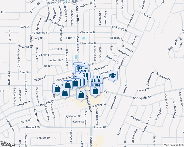 map of restaurants, bars, coffee shops, grocery stores, and more near 2145 Clayton Avenue in Spring Hill