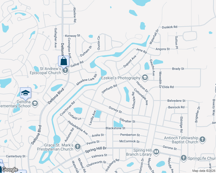 map of restaurants, bars, coffee shops, grocery stores, and more near 2247 Danforth Road in Spring Hill