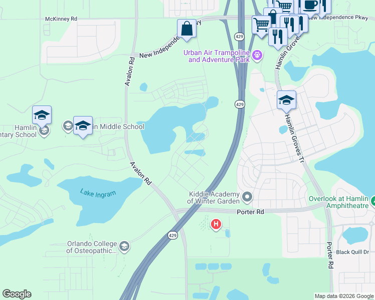 map of restaurants, bars, coffee shops, grocery stores, and more near 6953 Avalon Road in Winter Garden
