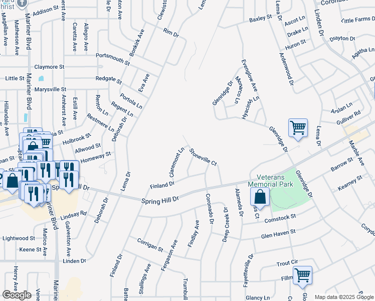 map of restaurants, bars, coffee shops, grocery stores, and more near 11510 Stoneville Court in Spring Hill