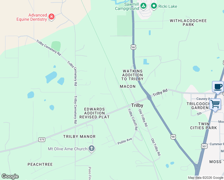 map of restaurants, bars, coffee shops, grocery stores, and more near 20950 Beaver Road in Dade City