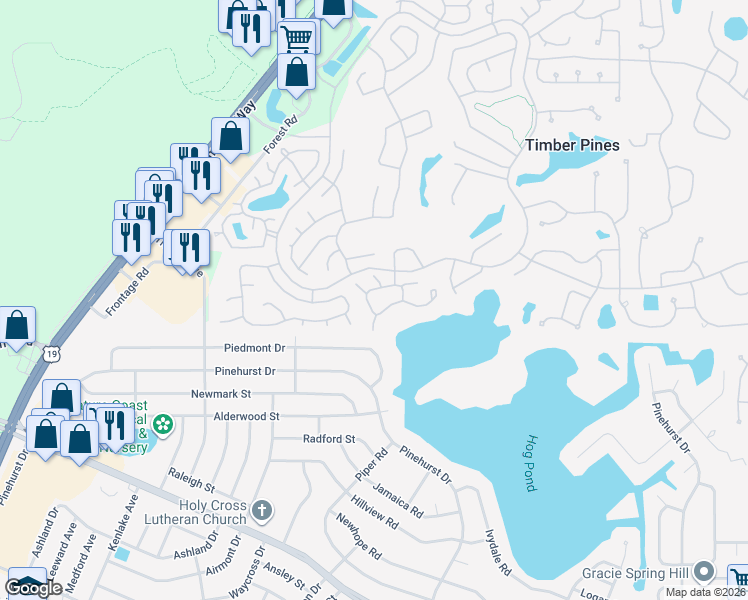 map of restaurants, bars, coffee shops, grocery stores, and more near 2188 Forester Way in Spring Hill