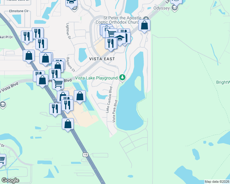 map of restaurants, bars, coffee shops, grocery stores, and more near 6750 Vista Park Boulevard in Orlando