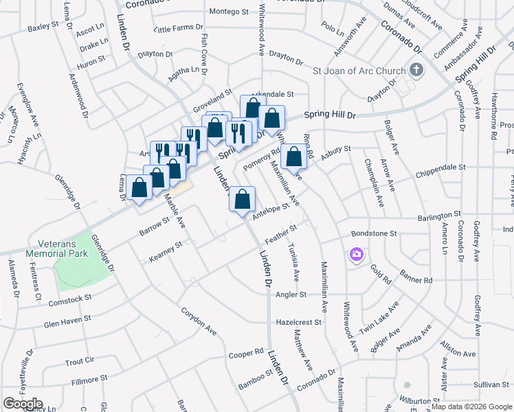 map of restaurants, bars, coffee shops, grocery stores, and more near 2169 Pomeroy Road in Spring Hill