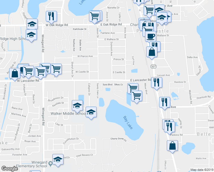 map of restaurants, bars, coffee shops, grocery stores, and more near 8 Sura Boulevard in Orlando