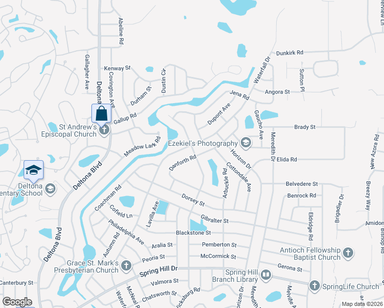 map of restaurants, bars, coffee shops, grocery stores, and more near 2280 Danforth Road in Spring Hill