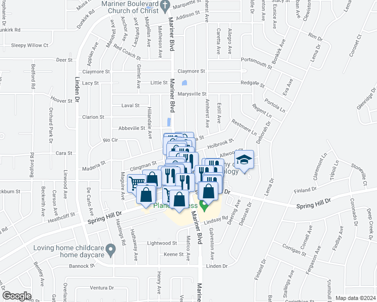 map of restaurants, bars, coffee shops, grocery stores, and more near 2235 Canfield Drive in Spring Hill