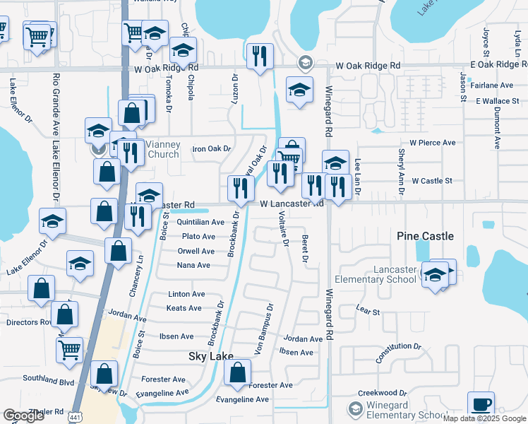 map of restaurants, bars, coffee shops, grocery stores, and more near 777 West Lancaster Road in Orlando