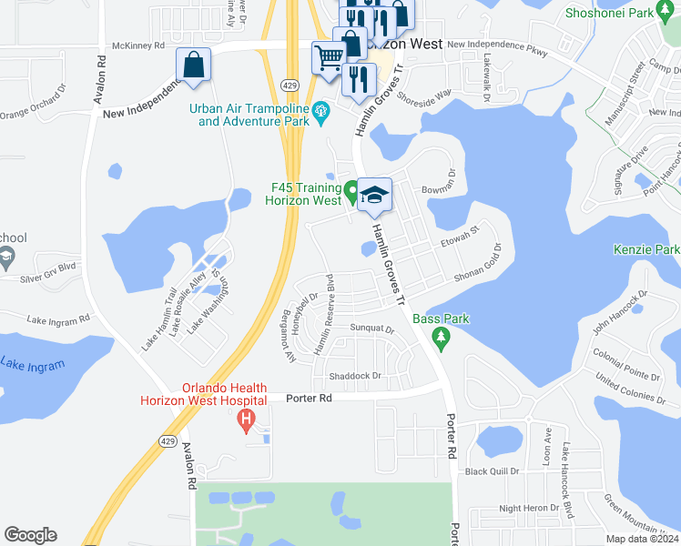 map of restaurants, bars, coffee shops, grocery stores, and more near Sugar Citrus Drive in Winter Garden