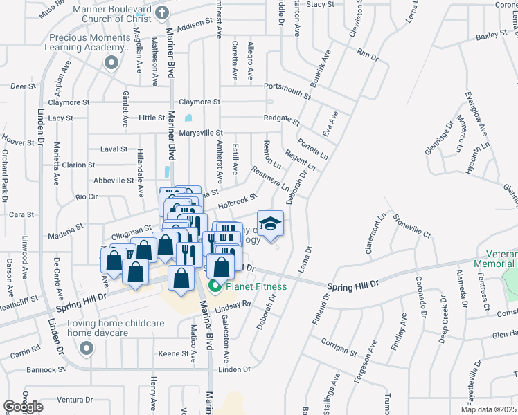 map of restaurants, bars, coffee shops, grocery stores, and more near 11239 Allwood Street in Spring Hill