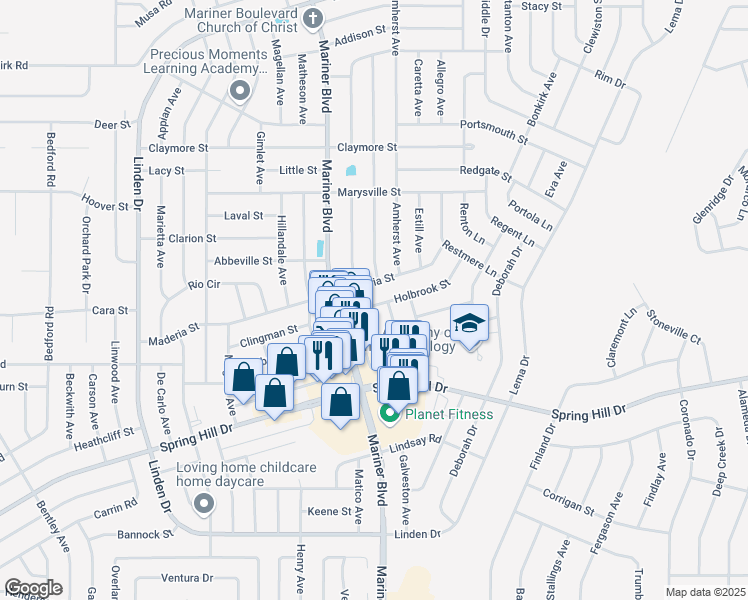 map of restaurants, bars, coffee shops, grocery stores, and more near 11127 Holbrook Street in Spring Hill