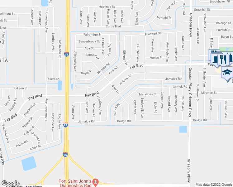 map of restaurants, bars, coffee shops, grocery stores, and more near 6100 Deer Lane in Cocoa