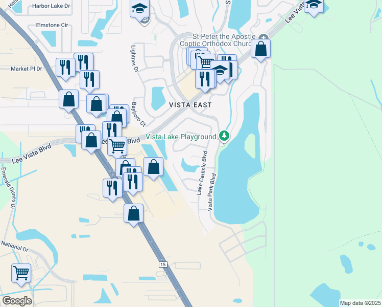 map of restaurants, bars, coffee shops, grocery stores, and more near 8472 Dover View Lane in Orlando