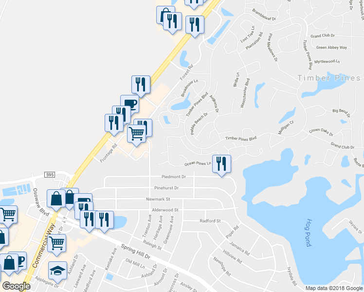 map of restaurants, bars, coffee shops, grocery stores, and more near 6170 Ocean Pines Lane in Spring Hill