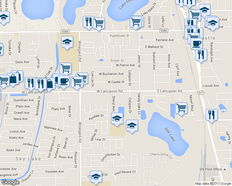 map of restaurants, bars, coffee shops, grocery stores, and more near 230 West Lancaster Road in Orlando