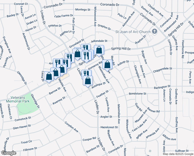 map of restaurants, bars, coffee shops, grocery stores, and more near 2195 Armadillo Avenue in Spring Hill