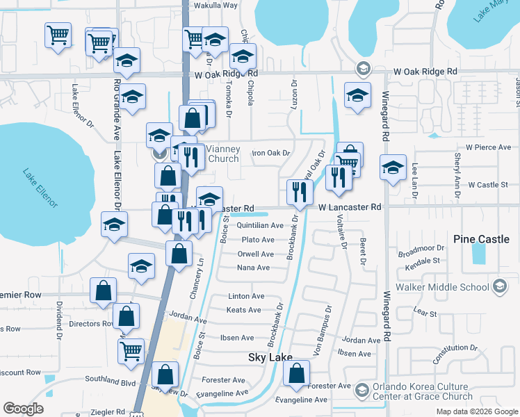 map of restaurants, bars, coffee shops, grocery stores, and more near 901 West Lancaster Road in Orlando