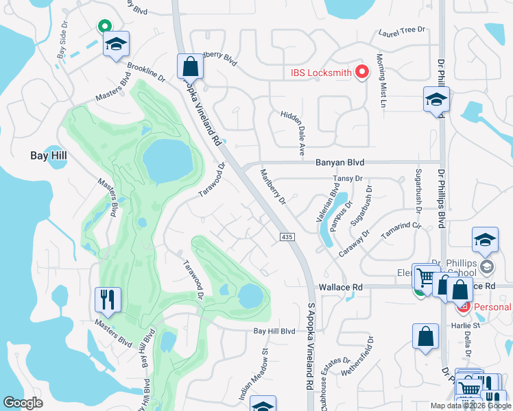 map of restaurants, bars, coffee shops, grocery stores, and more near 5910 South Apopka Vineland Road in Orlando