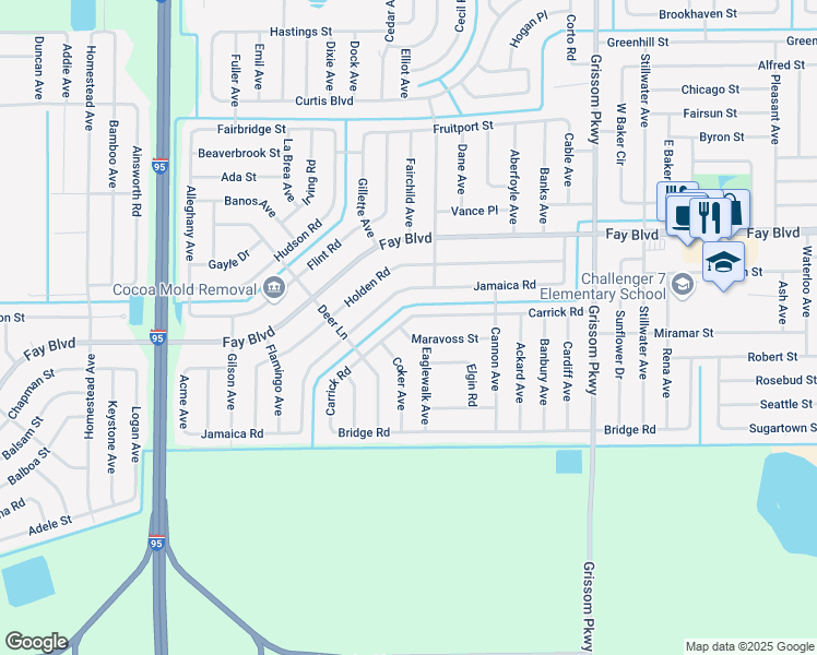 map of restaurants, bars, coffee shops, grocery stores, and more near 5317 Carrick Road in Cocoa