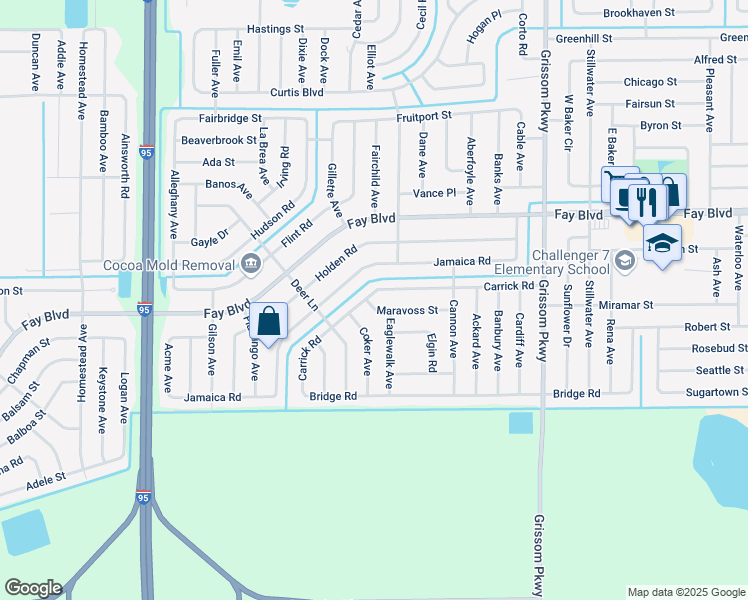 map of restaurants, bars, coffee shops, grocery stores, and more near 5353 Carrick Road in Cocoa