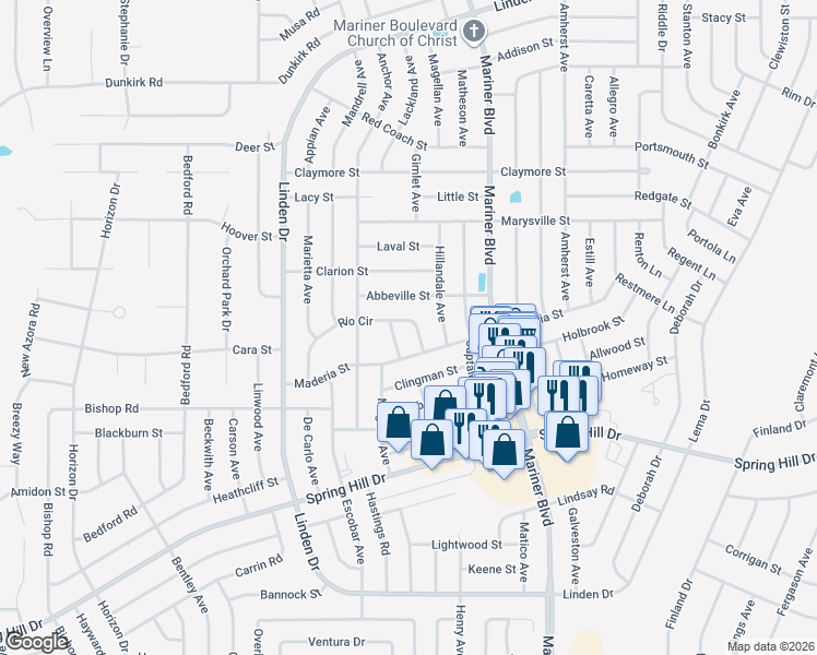 map of restaurants, bars, coffee shops, grocery stores, and more near 2286 Rio Circle in Spring Hill