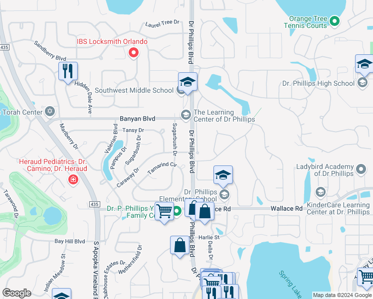 map of restaurants, bars, coffee shops, grocery stores, and more near 8005 Caraway Drive in Orlando