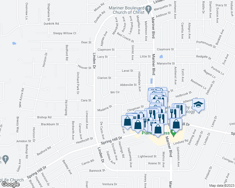 map of restaurants, bars, coffee shops, grocery stores, and more near 2244 Rio Circle in Spring Hill