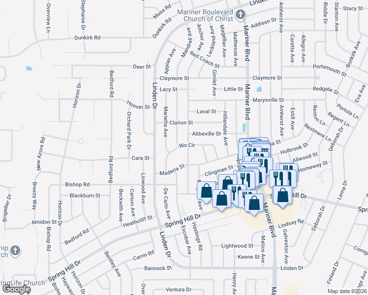 map of restaurants, bars, coffee shops, grocery stores, and more near 2234 Rio Circle in Spring Hill