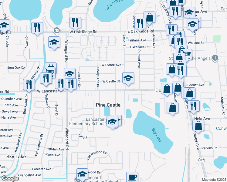 map of restaurants, bars, coffee shops, grocery stores, and more near 121 West Lancaster Road in Pine Castle