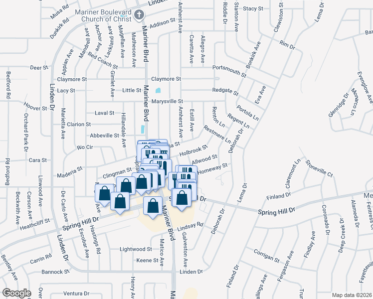 map of restaurants, bars, coffee shops, grocery stores, and more near 11199 Holbrook Street in Spring Hill