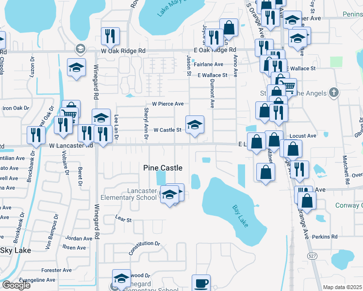 map of restaurants, bars, coffee shops, grocery stores, and more near 20 West Lancaster Road in Pine Castle