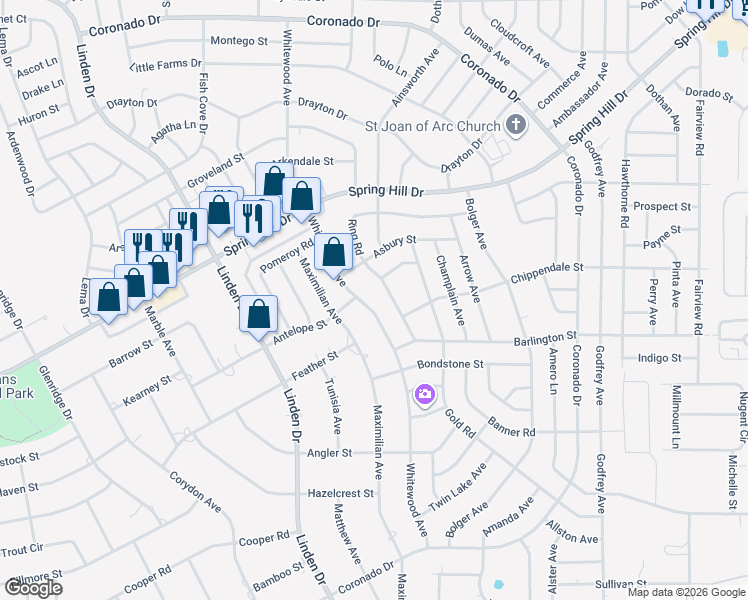 map of restaurants, bars, coffee shops, grocery stores, and more near 2188 Whitewood Avenue in Spring Hill