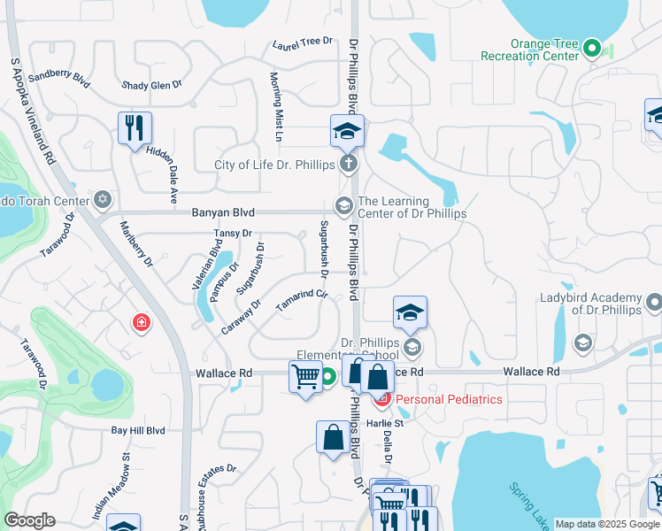map of restaurants, bars, coffee shops, grocery stores, and more near 8005 Caraway Drive in Orlando
