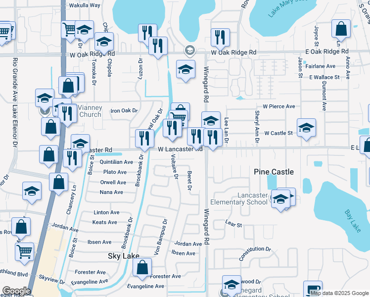 map of restaurants, bars, coffee shops, grocery stores, and more near 671 West Lancaster Road in Orlando