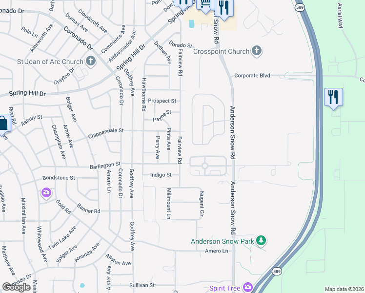map of restaurants, bars, coffee shops, grocery stores, and more near 2232 Fairview Road in Spring Hill