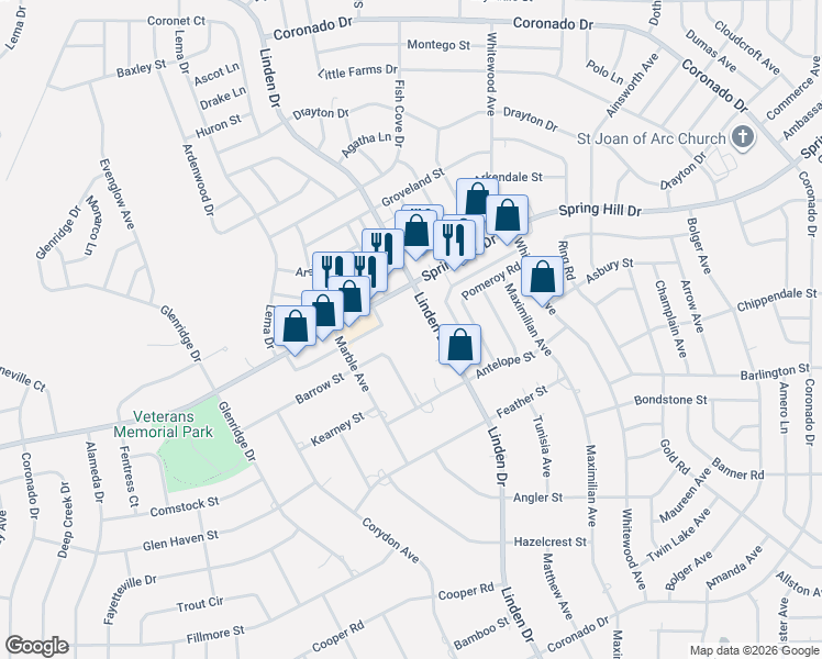 map of restaurants, bars, coffee shops, grocery stores, and more near 13017 Barrow Street in Spring Hill