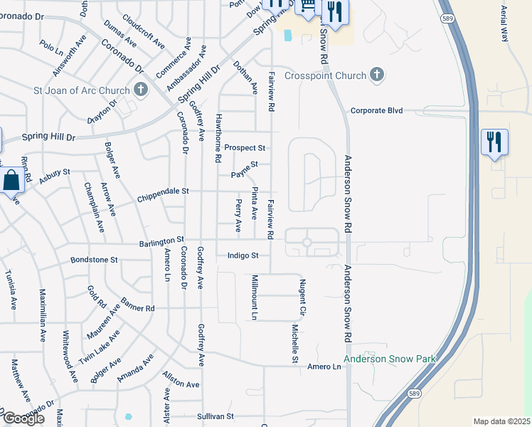 map of restaurants, bars, coffee shops, grocery stores, and more near 2231 Fairview Road in Spring Hill
