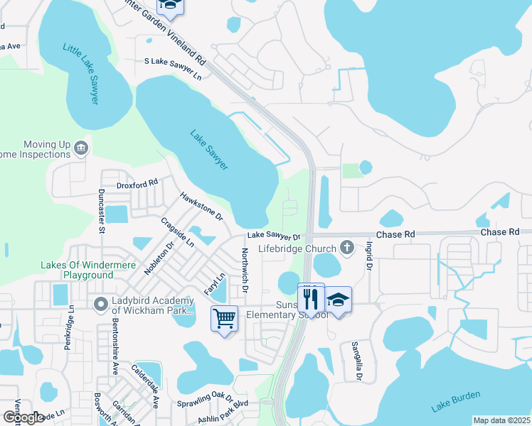 map of restaurants, bars, coffee shops, grocery stores, and more near 6857 Thornhill Circle in Windermere