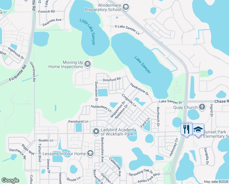 map of restaurants, bars, coffee shops, grocery stores, and more near 12825 Cragside Lane in Windermere