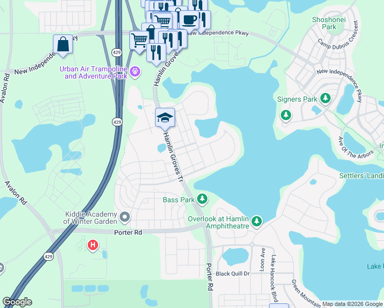 map of restaurants, bars, coffee shops, grocery stores, and more near 15030 Andrew Alley in Winter Garden