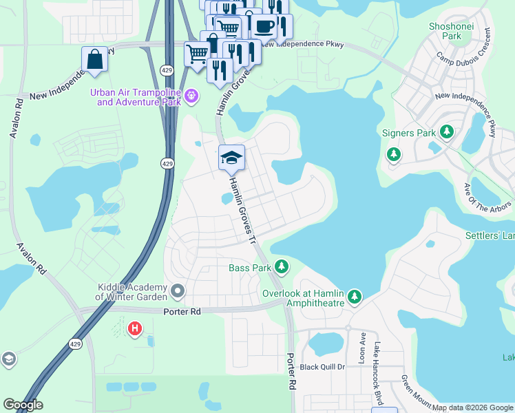 map of restaurants, bars, coffee shops, grocery stores, and more near 15030 Andrew Alley in Winter Garden