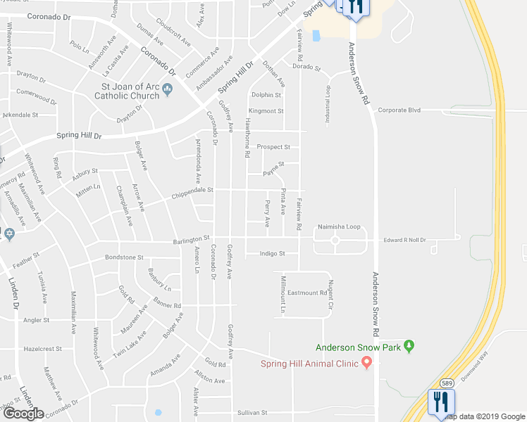 map of restaurants, bars, coffee shops, grocery stores, and more near 2193 Perry Avenue in Spring Hill