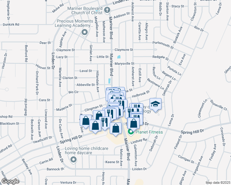 map of restaurants, bars, coffee shops, grocery stores, and more near 11085 Maderia Street in Spring Hill