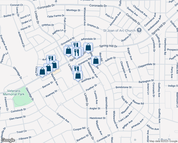map of restaurants, bars, coffee shops, grocery stores, and more near 2196 Armadillo Avenue in Spring Hill