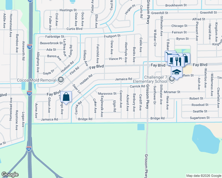map of restaurants, bars, coffee shops, grocery stores, and more near 5257 Carrick Road in Cocoa