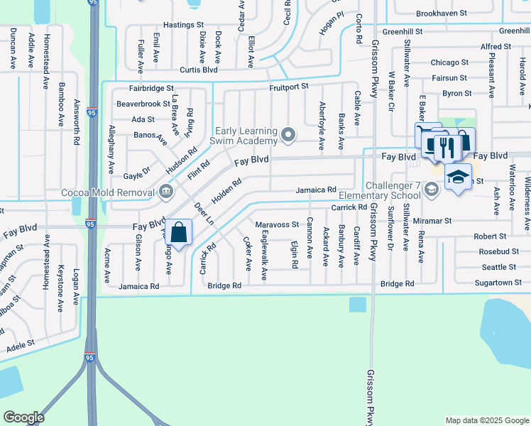 map of restaurants, bars, coffee shops, grocery stores, and more near 5317 Carrick Road in Cocoa