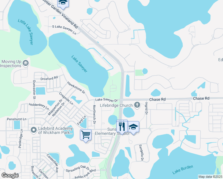 map of restaurants, bars, coffee shops, grocery stores, and more near 6718 Thornhill Circle in Windermere