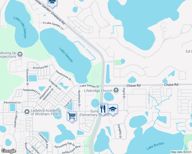 map of restaurants, bars, coffee shops, grocery stores, and more near 6718 Thornhill Circle in Windermere