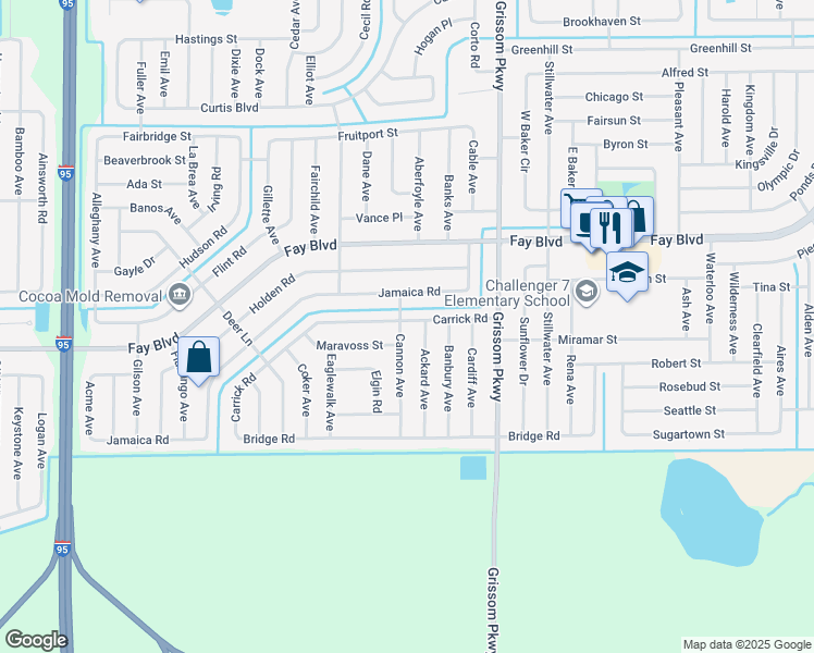 map of restaurants, bars, coffee shops, grocery stores, and more near 6075 Cannon Avenue in Cocoa