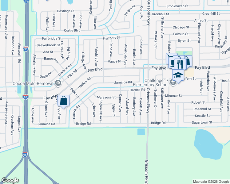 map of restaurants, bars, coffee shops, grocery stores, and more near 5257 Carrick Road in Cocoa
